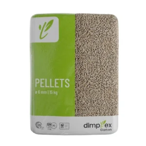 Worek pelletu drzewnego Dimplex Garten 6 mm, 15 kg (EN A1, DINplus, PEFC) na białym tle