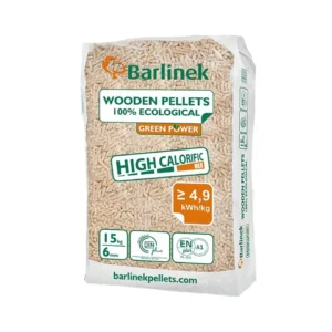 Worek pelletu drzewnego Barlinek Green Power High Calorific Max 15 kg (6 mm, ≥4,9 kWh/kg, EN A1, DINplus) na białym tle
